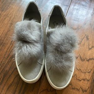 Gray report suede pom-pom sneaker